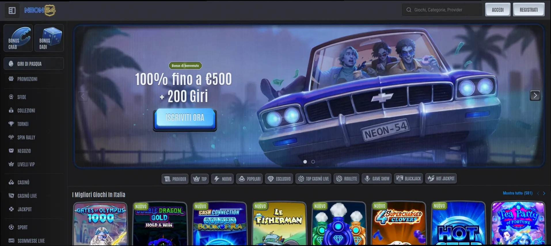 Neon54 casino 100% fino a 500€ + 200 Giri Gratuiti